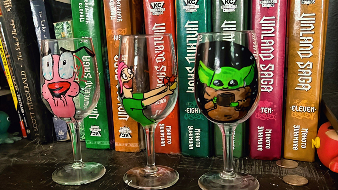Hand-painted Courage the Cowardly Dog, anime, and Baby Yoda wine glasses