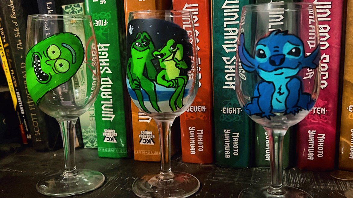 Hand-painted Rick and Morty and Stitch wine glasses