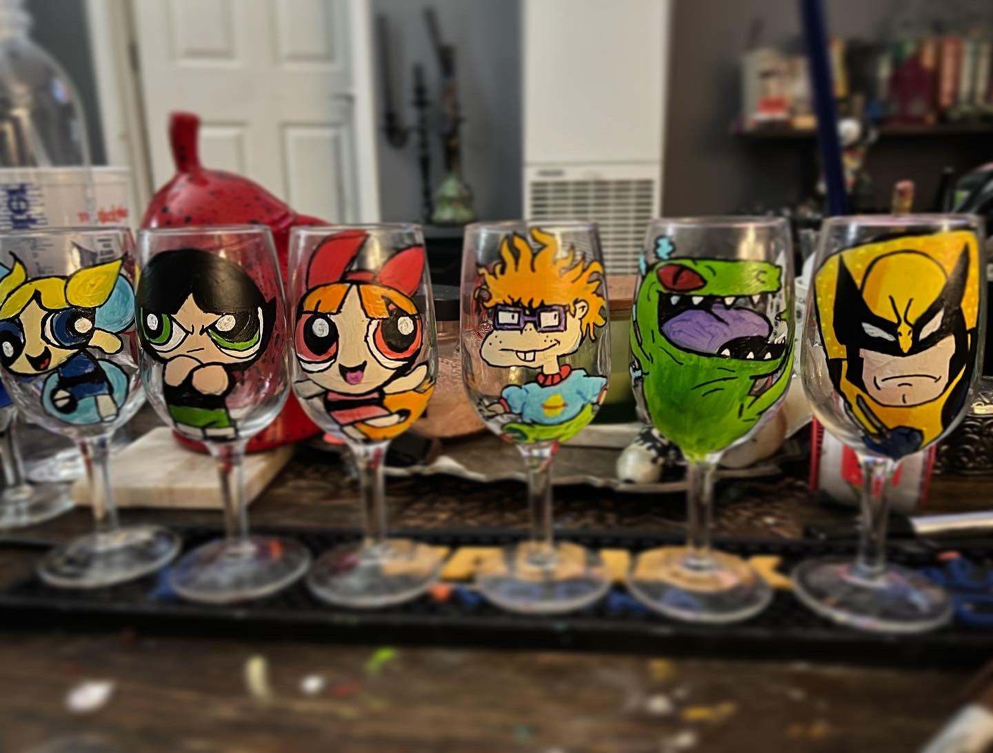 Hand-painted Powerpuff Girls and cartoon character wine glasses